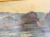 a painting on the wall of a building with a boat in the water