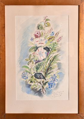 tableau représentant un oiseau et des fleurs, dans un cadre en bois accroché au mur