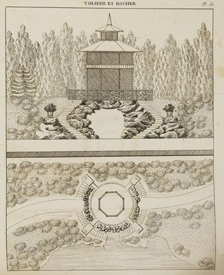 un vieux dessin représentant un jardin avec un belvédère entouré d'arbres