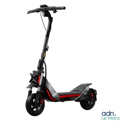 an image of a scooter with a black seat and red wheels