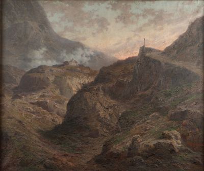 an image of a painting of a mountain scene with a castle in the distance