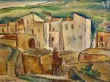 un tableau représentant un homme à cheval devant un village