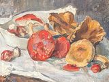une peinture représentant un bol de fruits et de légumes posé sur une table