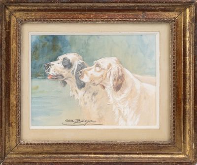 une peinture à l'huile représentant deux chiens debout l'un à côté de l'autre
