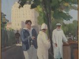 painting of a group of men standing on a sidewalk next to a tree