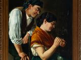 a painting of a man holding a woman ' s hand while another man looks on