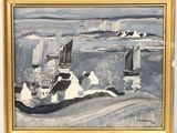 an image of a painting of boats on the water near a beach