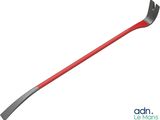 a close up of a red and black axe on a white background