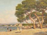 une image représentant un tableau montrant des personnes sur une plage, près de l'eau