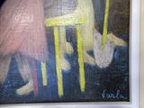 a picture of a painting of a dog and a girl sitting at a table