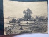 an old picture of a drawing of a farm with a house in the background