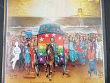 a painting of a man riding a horse in front of a group of people