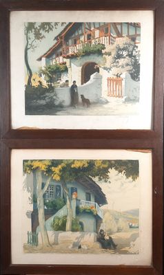 deux tableaux encadrés représentant une maison et un chien devant un arbre