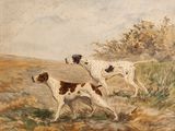 painting of two dogs running in a field with trees in the background