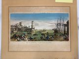 un vieux tableau représentant une scène de port avec des bateaux et des personnages