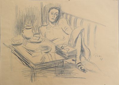 un dessin représentant une femme assise à une table sur laquelle se trouve une assiette de nourriture