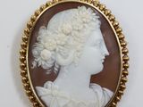 a close up of a picture of a woman ' s head in a gold frame