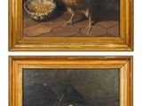 two paintings of chickens and a duck on a table