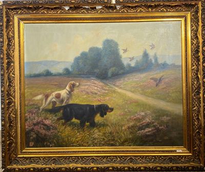 tableau représentant deux chiens dans un champ, avec un oiseau en arrière-plan