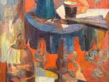 painting of a painting of a table with a tea pot and a book on it
