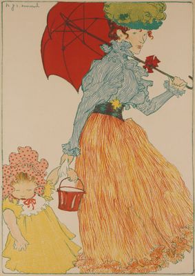 illustration of a woman with a child holding an umbrella and a bucket