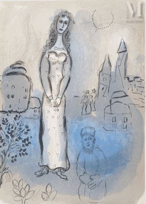 dessin représentant une femme debout devant un château, accompagnée d'un chien