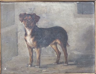 un tableau représentant un chien debout devant un mur