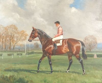 une peinture représentant un homme à cheval dans un champ