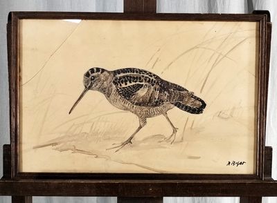 tableau représentant un oiseau au long bec, posé sur un chevalet en bois