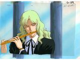 a painting of a woman playing a flute in front of a window