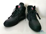 men ' s black leather high top sneakers with a red heart on the side