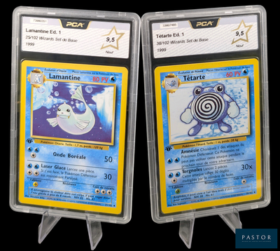 Deux cartes Pokémon sont exposées sur un présentoir devant un fond noir.