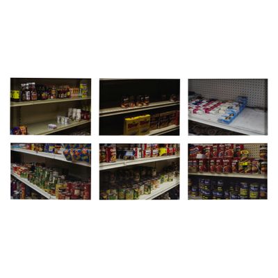 plusieurs photos montrant divers produits alimentaires disposés sur les rayons d'un magasin