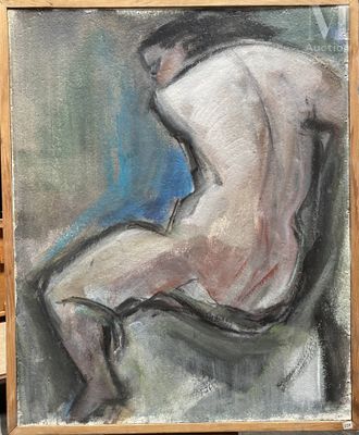 une peinture à l'huile représentant un homme assis sur une chaise devant un tableau