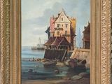 une peinture à l'huile d'une scène portuaire avec des bateaux dans l'eau