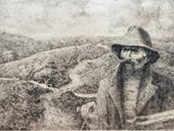 dessin d'un homme avec un chapeau et une canne dans un champ