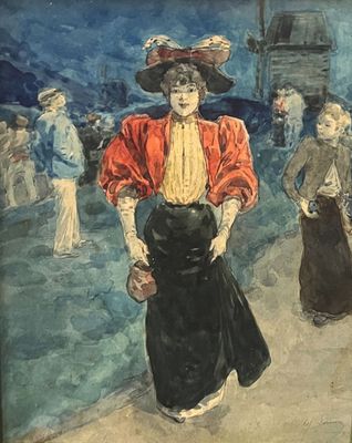 une image d'un tableau représentant une femme avec une veste et un chapeau rouges