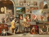 une image représentant un tableau où l'on voit une femme dans une pièce où se trouvent de nombreux tableaux