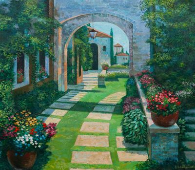 une peinture à l'huile représentant une cour avec des fleurs et des plantes en pot