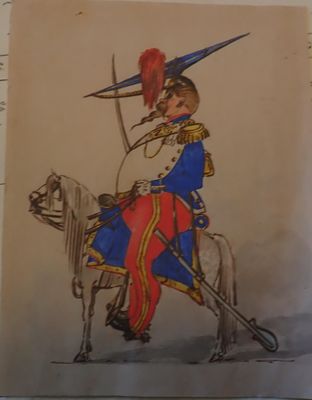 dessin représentant un homme en uniforme à cheval, une épée à la main
