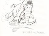 drawing of a cartoon elephant with a man on it ' s back sitting on the ground