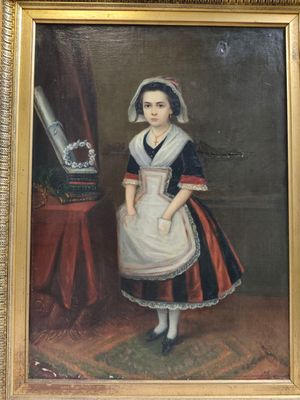 tableau représentant une femme vêtue d'une robe blanche et d'une robe rouge et noire