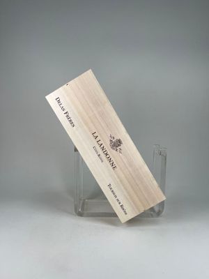 a wooden business card holder holding a wine bottle