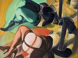 tableau représentant une femme allongée par terre à côté d'une bouteille de vin