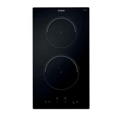 a black stove top with two burners and two knobs