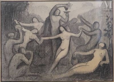 drawing of a group of naked men playing a game of baseball