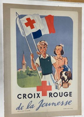 une vieille affiche représentant un homme et une femme tenant un drapeau à la croix rouge