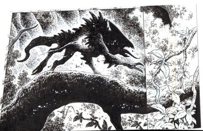 illustration représentant un dessin en noir et blanc d'un dragon survolant une forêt