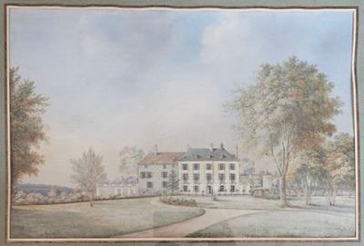 tableau représentant une grande maison blanche dans un parc avec des arbres et des buissons