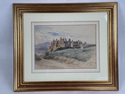 a painting of a castle on a hill in a gold frame